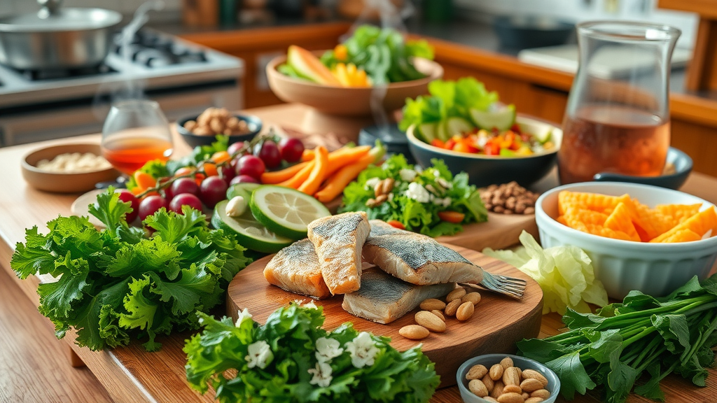Healthy diverse meal arrangement including leafy greens, fish, nuts, inviting presentation, Cinematic kitchen, Testosterone production