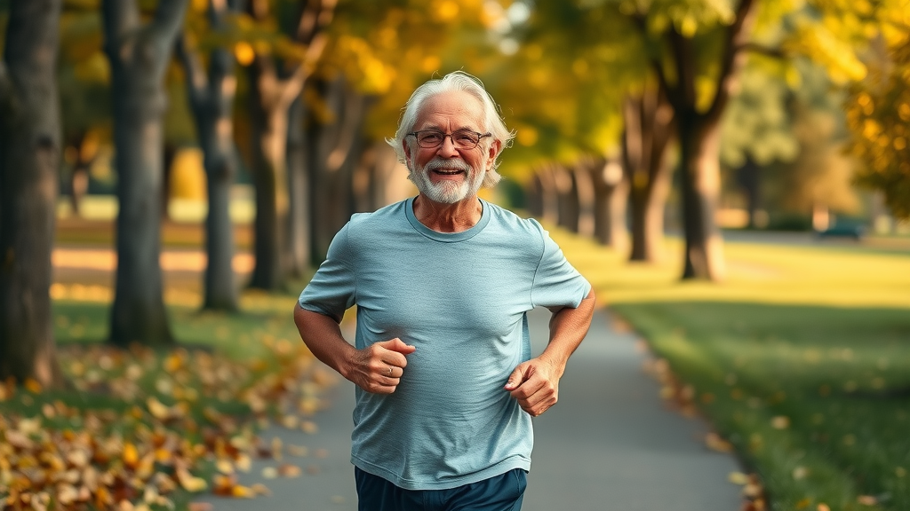 Active older man jogging on tree-lined path, joyful expression, maintaining health through active lifestyle, Photorealistic, autumn park. Testosterone levels