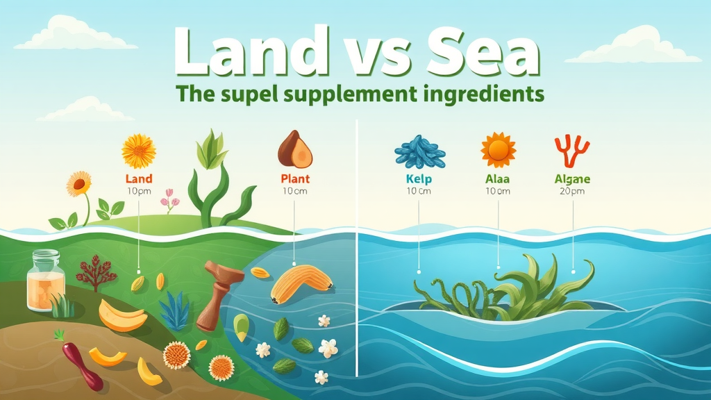 infographic comparing land vs sea supplement ingredients, cartoon icons of plants, grains, kelp, and algae for land and sea supplements