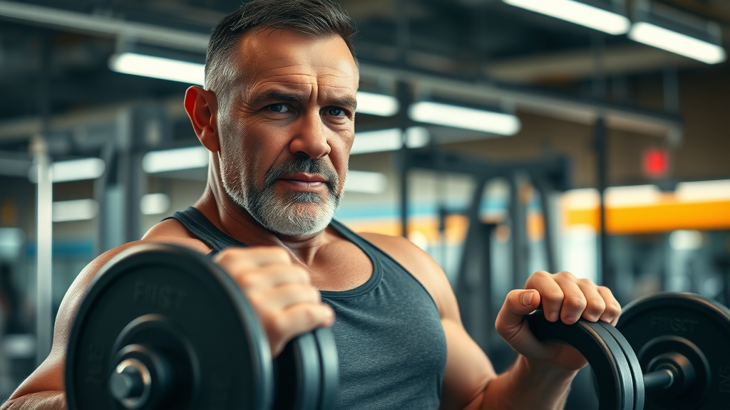 Athletic middle-aged man lifting weights in gym, demonstrating physical strength, Photorealistic, highly detailed. Testosterone Importance