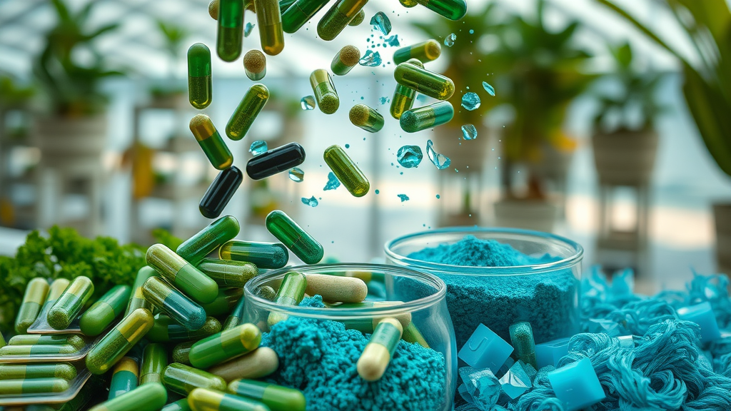 mix of green leafy ingredients organic protein and blue algae vegan vitamin, land and sea supplements, photorealistic, cinematic, lush greenhouse and ocean view