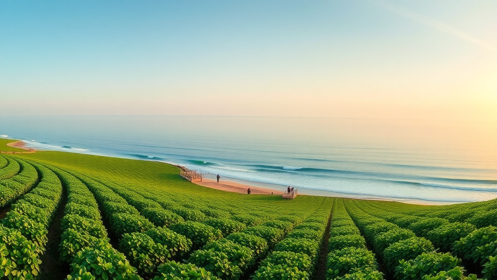 certified organic farm meets coastline, lush green fields and blue sea, land and sea supplements, organic farm, photorealistic, golden hour, gentle wind