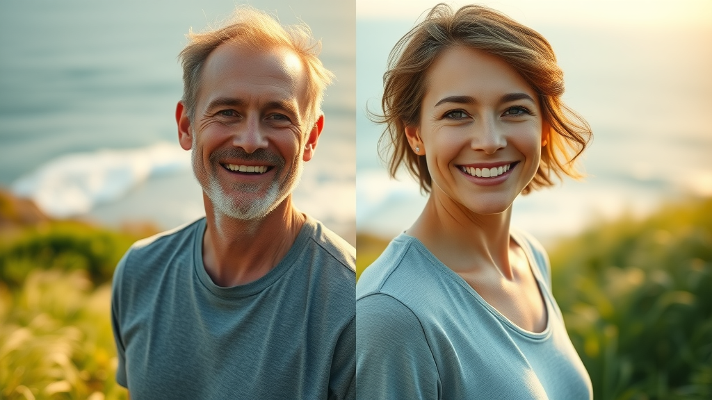before and after illustration of healthy adult vitality from land and sea supplements, outdoors, portrait, vibrant green with hints of sea