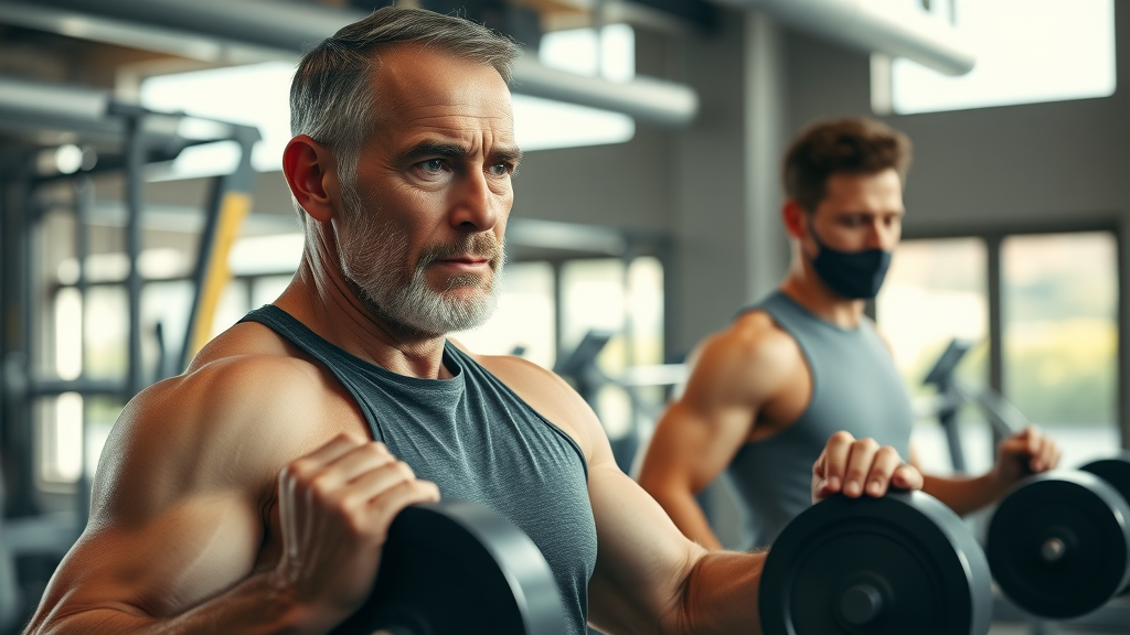 Older man doing weightlifting guided by personal trainer based on natural testosterone boosting strategies from https://www.youtube.com/watch?v=Wto7ajhH970
