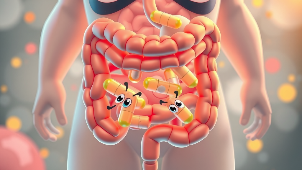 Illustration of a vibrant healthy gut with gut flora interacting with vitamin supplements showing the link between absorption and gut health