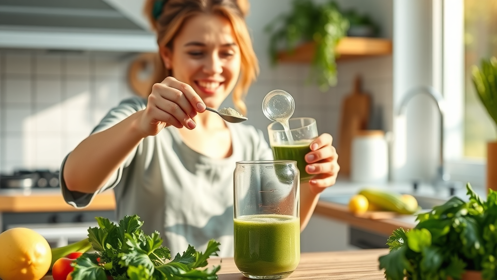 vibrant kitchen scene with someone preparing a green smoothie and nano nutrition powder, daily routine, plant based, organic nano nutrition