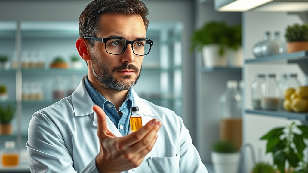 confident nutrition scientist in a modern laboratory holding nano nutrients, explaining benefits of plant based nanotechnology, organic nano nutrition expert