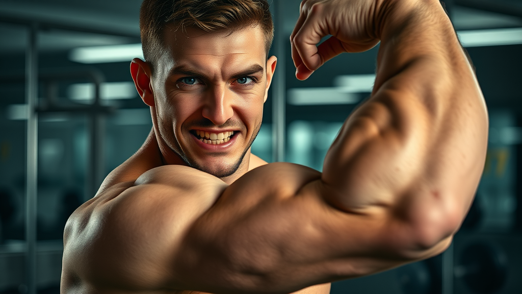 Young muscular male with intense expression, flexing bicep, exaggerated muscle tone, gym background with dramatic lighting. High testosterone