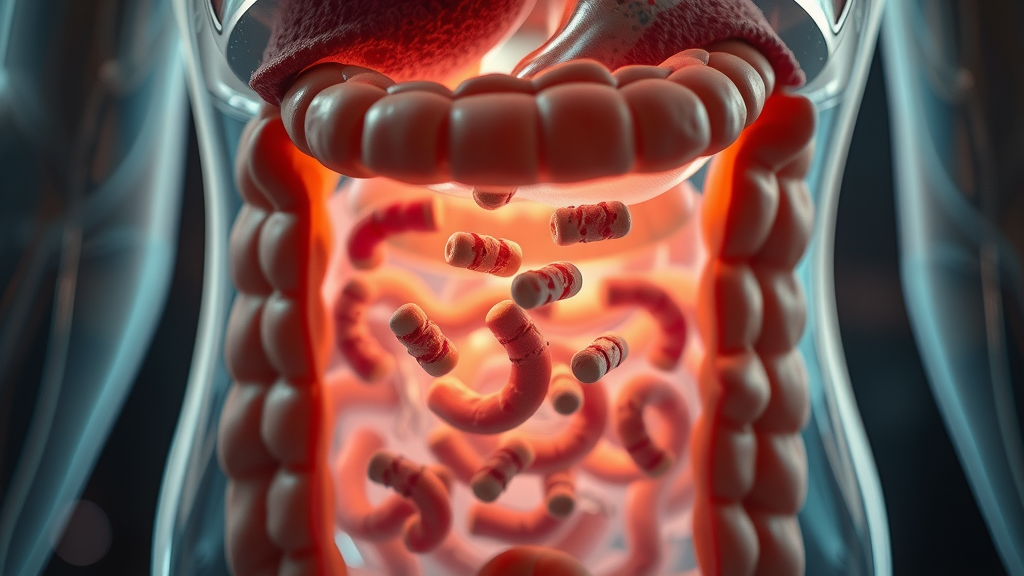 Close-up cross-section of the digestive system highlighting absorption of vitamin supplements into the bloodstream