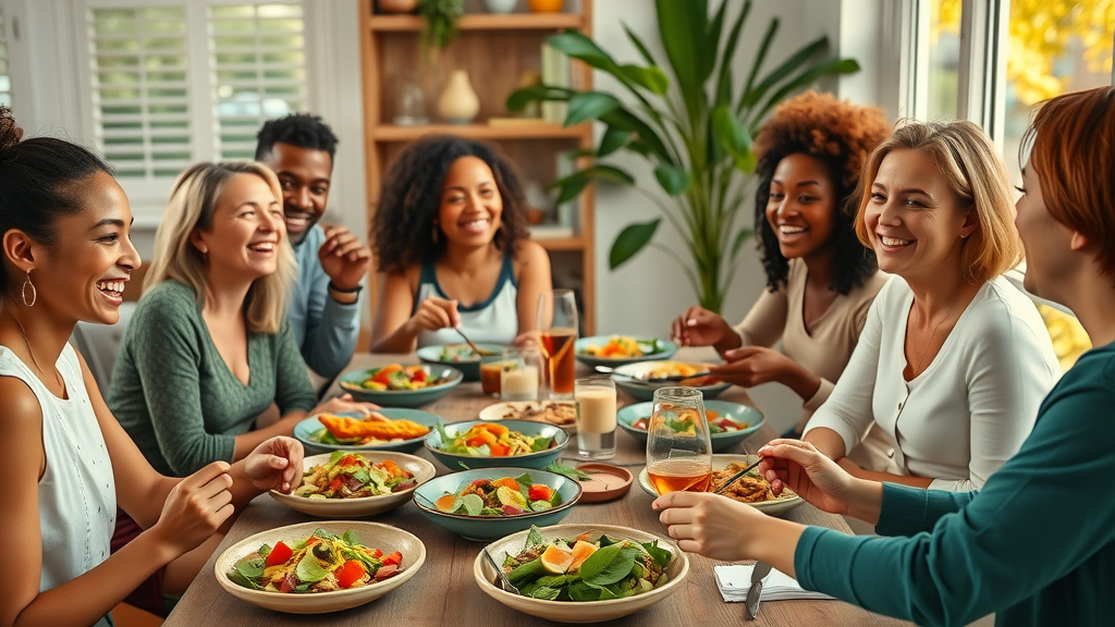 group of happy diverse people enjoying a vibrant plant-based meal, inclusivity and wellness from organic nano nutrition