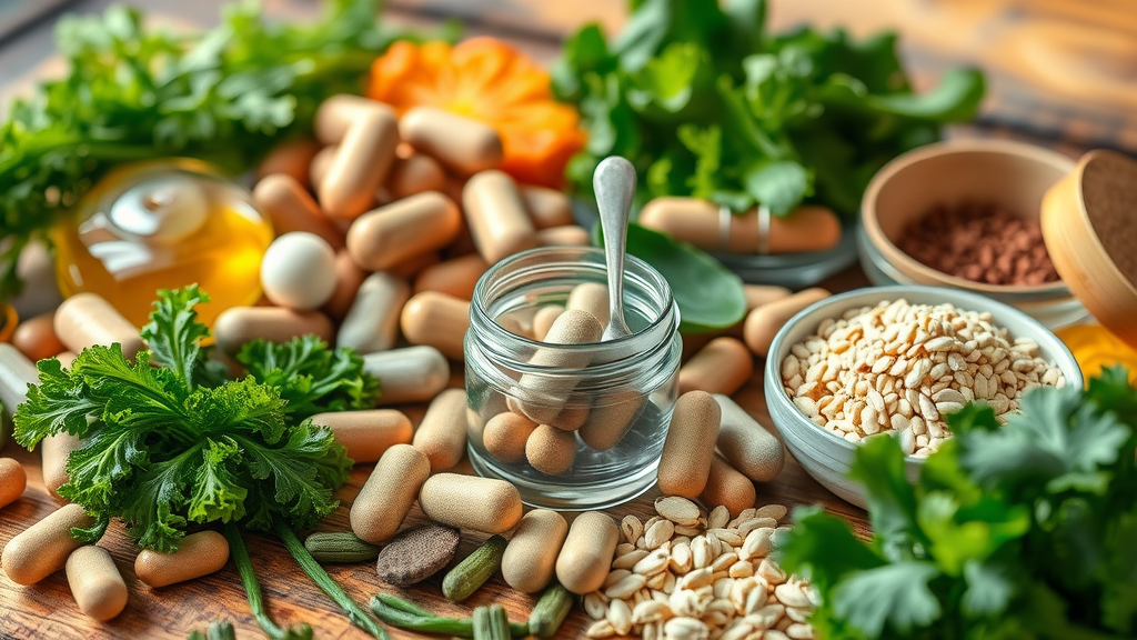various natural supplements made from land and sea ingredients, photorealistic closeup with leafy greens and blue algae, set on a rustic wooden table, land and sea supplements
