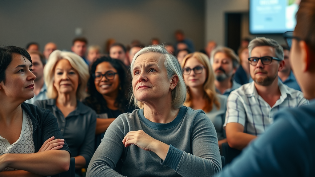 Audience in a health seminar watching a speaker discuss insights from https://www.youtube.com/watch?v=Wto7ajhH970