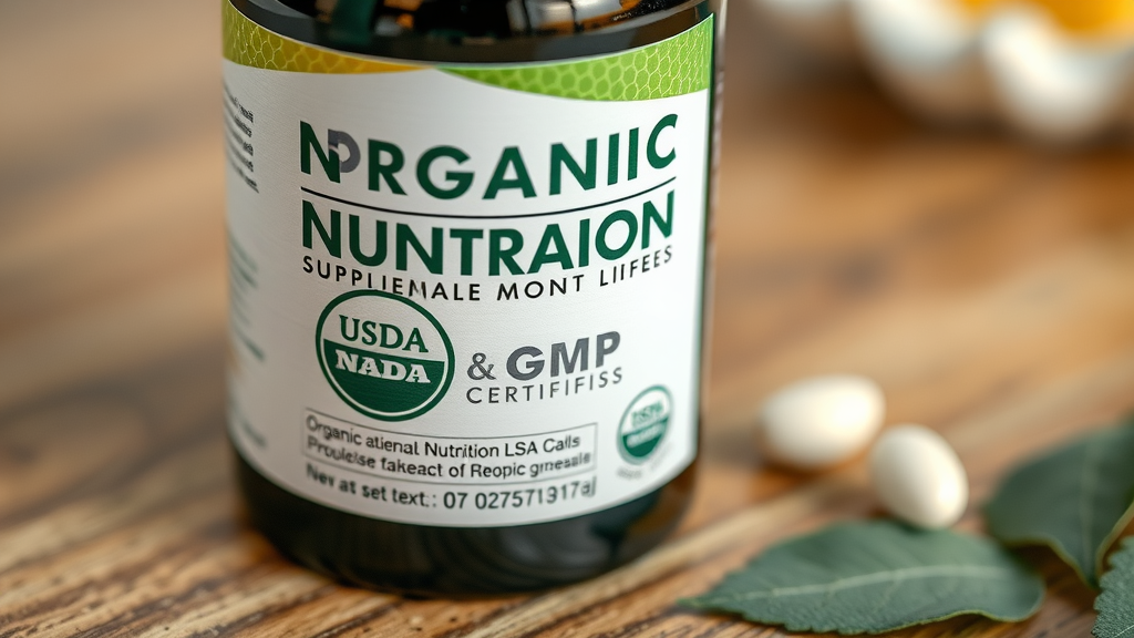 macro view of organic nano nutrition supplement label with USDA and GMP certification, ensuring quality and food safety for nano nutrients