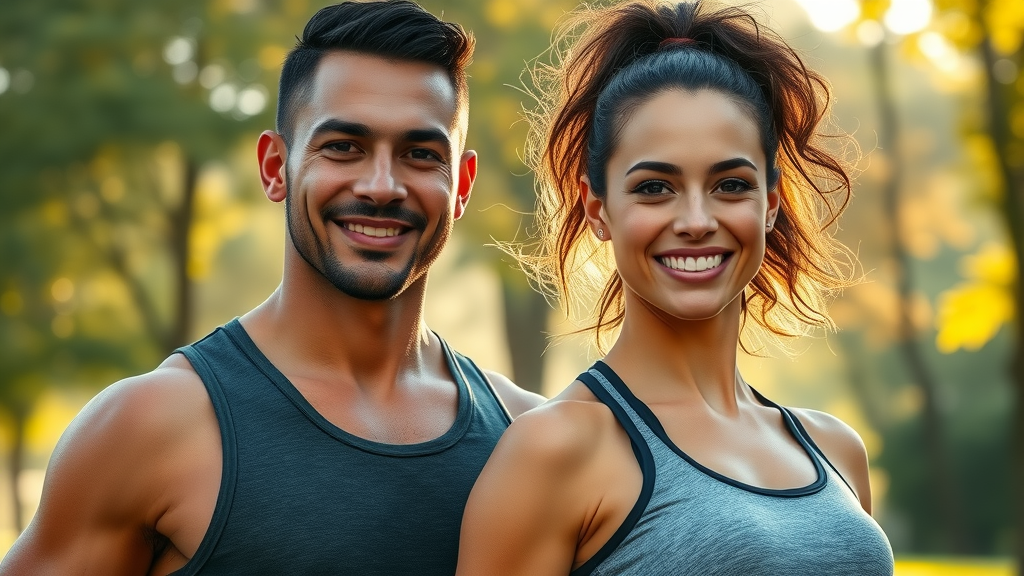 Dynamic portrait of a diverse, healthy adult male and female, confident expressions, standing side by side in athletic attire, Photorealistic High Fidelity Lifelike, sunlit park background with green trees and warm morning light filtering through, highly detailed, subtle breeze in hair and clothing, shallow depth of field, natural daylight, shot with a 50mm prime lens. Testosterone Importance