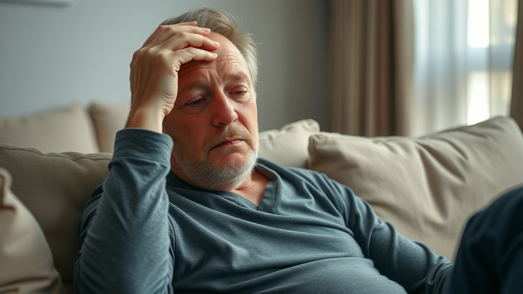 Tired middle-aged man sitting on couch holding head, fatigued, Photorealistic High Fidelity Lifelike, cozy living room. Low testosterone