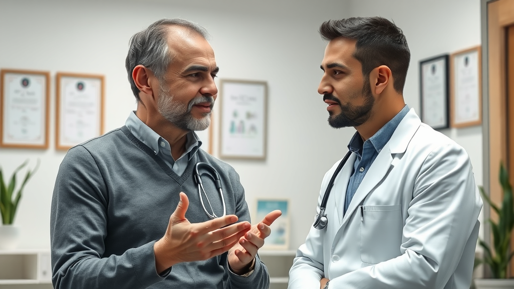 Professional doctor consulting male patient, discussing medical options, Photorealistic, modern clinic, Testosterone Therapy