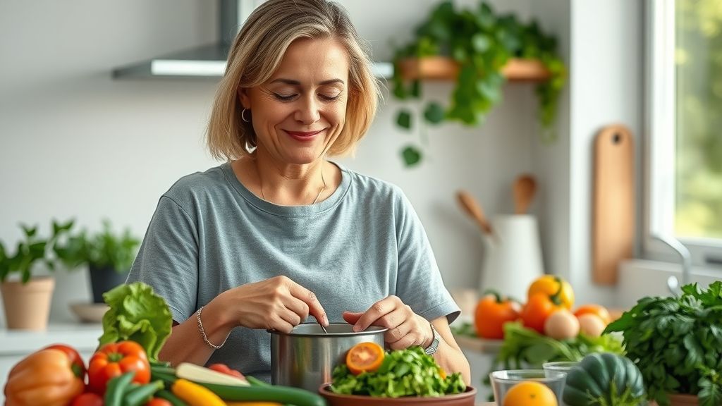 Woman making healthy meal for natural testosterone balance, as discussed in https://www.youtube.com/watch?v=Wto7ajhH970