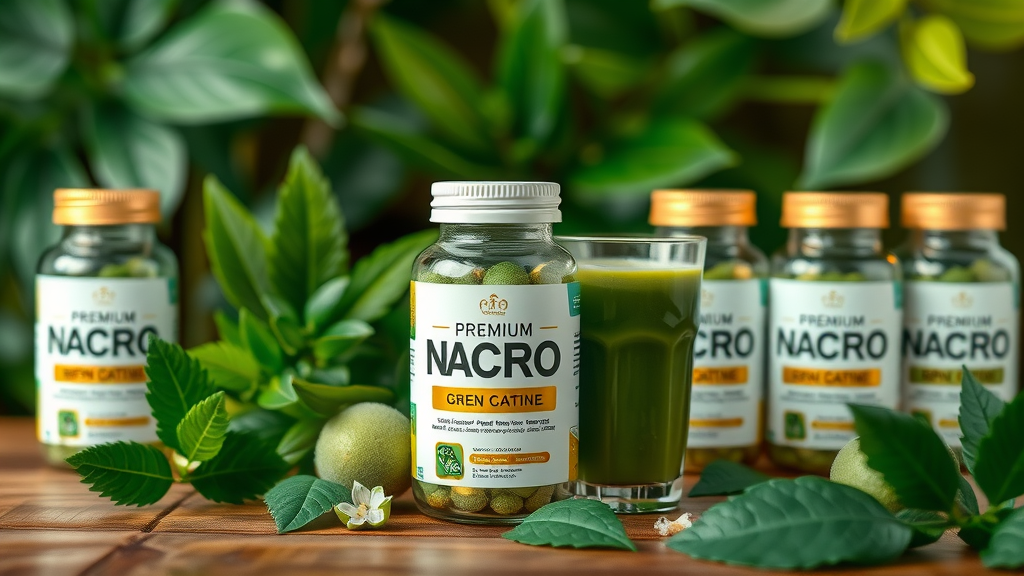 polished arrangement of premium nano supplement bottles with bright green and gold plant elements, plant based nano nutrients, organic nano nutrition