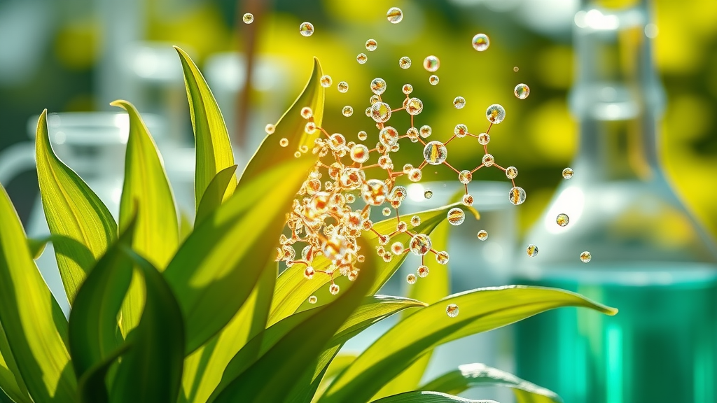 dynamic close-up of fresh plant leaves being converted into vibrant nano particles, energized, depicting transformation, laboratory glassware, lush greens, swirling nano particles, organic nano nutrition