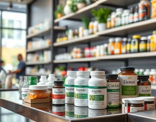 modern health supplements display, organized layout, capturing the essence of wellness, photorealistic, set in an upscale urban store with sleek metal shelving, highly detailed, subtle reflections on surface, vivid colors, natural light, shot with an 85mm lens.
