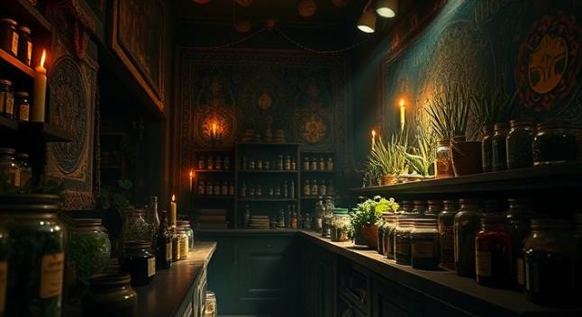 mysterious holistic remedies shop, mystical vibe, surrounded by herbal jars, photorealistic, in a dimly lit room with intricate tapestries on the walls, highly detailed, dust particles dancing in light beams, deep greens and browns, candlelit ambiance, shot with a 135mm lens.