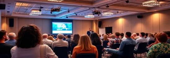 bright holistic health seminar, engaged audience, presenter describing wellness techniques, photorealistic, inside a large conference hall with modern decor, highly detailed, projectors illuminating presentation slides, diverse colors, even artificial lighting, shot with a 28mm lens.