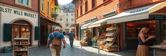 quaint holistic wellness market, bustling atmosphere, people exploring organic products, photorealistic, outdoors in a scenic village square with cobblestones, highly detailed, wind rustling through fabric awnings, colorful market stalls, morning sunlight, shot with a 24mm lens.