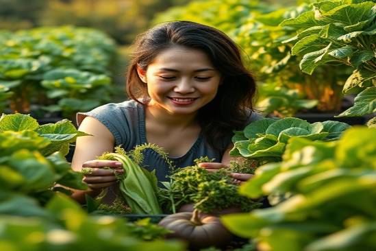 serene holistic nutrition garden, person harvesting vegetables, serene facial expression, photorealistic, surrounded by rows of lush, green vegetables in a backyard garden, highly detailed, insects buzzing around, natural greens and earthy tones, golden hour light, shot with a 50mm lens.