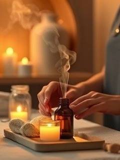 tranquil holistic remedies spa, soothing ambiance, therapist preparing aromatherapy, photorealistic, in a warmly lit room with calming natural elements, highly detailed, essential oils vaporizing in air, soft pastels, dim candlelight, shot with a macro lens.