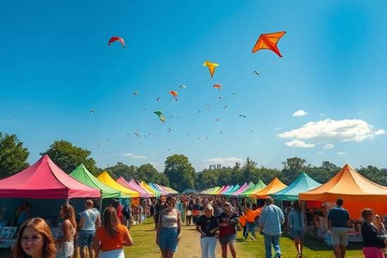 cosmic holistic health fair, vibrant energy, people enjoying rejuvenating activities, photorealistic, set in an expansive park under a clear blue sky with colorful tents, highly detailed, kites flying overhead, rich and bright spectrum, midday sunlight, shot with a 35mm lens.