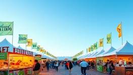 upbeat holistic wellness festival, lively crowd, assortment of healthy food stalls, photorealistic, situated in an open-air environment with festoons and music, highly detailed, flags waving in light breeze, vibrant against the blue sky, pastel lighting, shot with a panoramic lens.