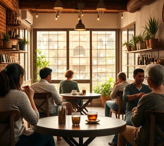 cozy holistic nutrition café, comforting setting, patrons enjoying herbal teas, photorealistic, interior with rustic wooden furniture and soft textiles, highly detailed, aroma of freshly brewed plants, warm browns and creams, afternoon glow, shot with a 35mm lens.