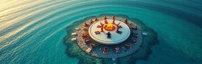 dreamy holistic wellness island, idyllic setting, people practicing yoga, photorealistic, on a small, secluded island surrounded by clear turquoise waters, highly detailed, waves gently lapping against the shore, soft pastels and vibrant greens, first light of dawn, shot with a drone camera.