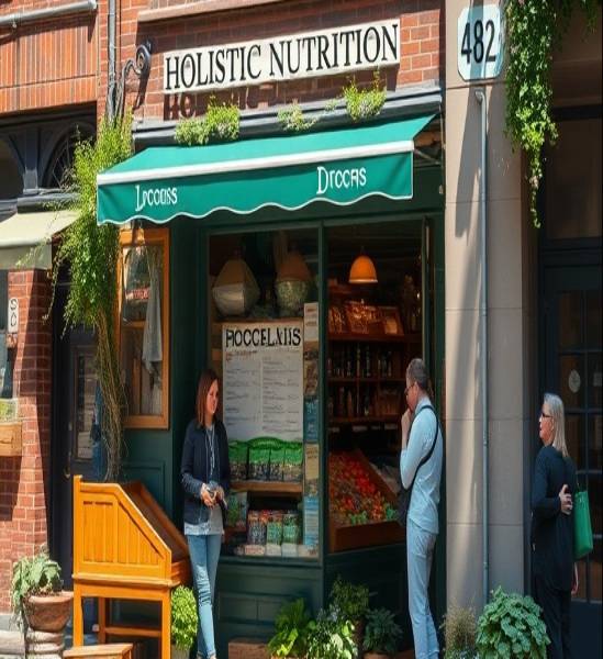 Charming holistic nutrition shop with customers browsing organic produce in a bustling city.